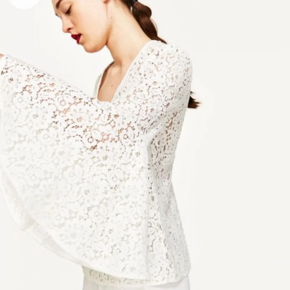 ZARA WHITE LACE BELL SLEEVE TOP S - Picture 1 of 7